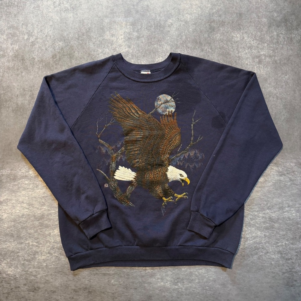 Vtg 90s Jerzees Bald Eagle Sweatshirt XL Navy Raglan Moon Nature Made in USA Tee